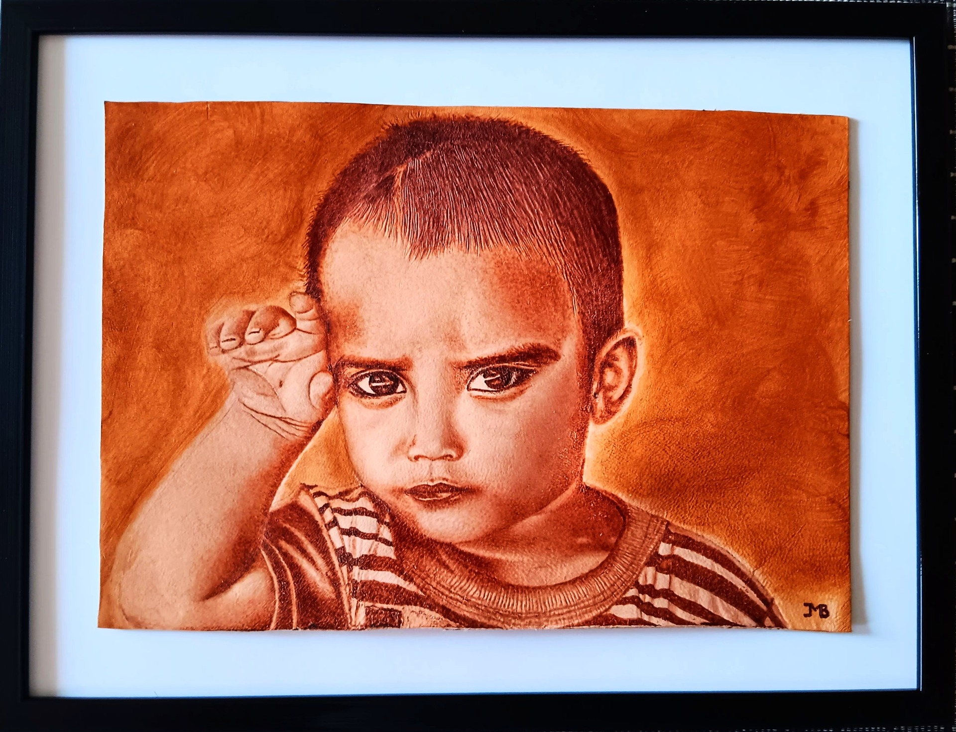 "SOUCI", sur cuir, 33cmx23cm